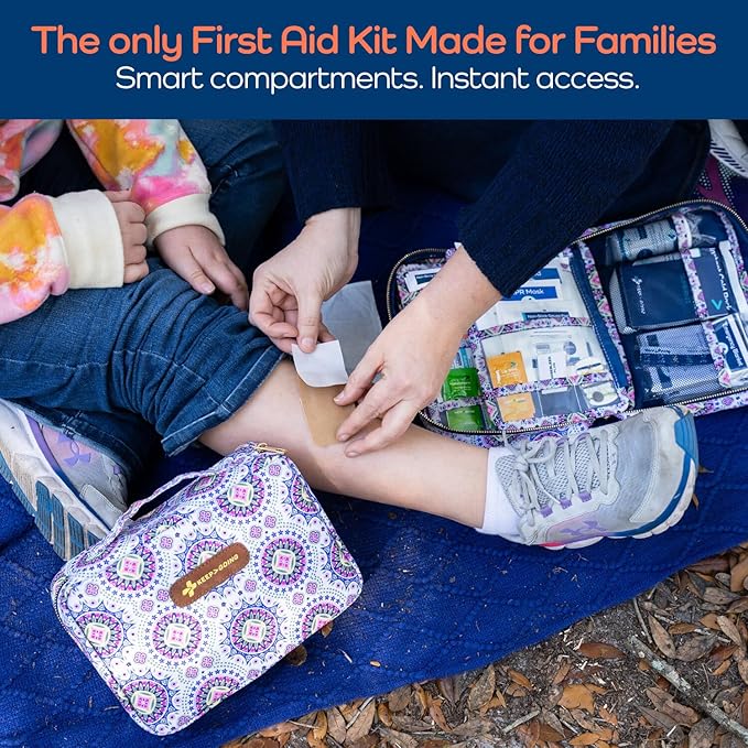 KeepGoing Large Home First Aid Kit for Kids – 270 Pc. for Car, Home, Dorm, & Boat with Latex-Free Bandages – 10 x 7 x 3.5 in. Travel First Aid Kit (Boho)