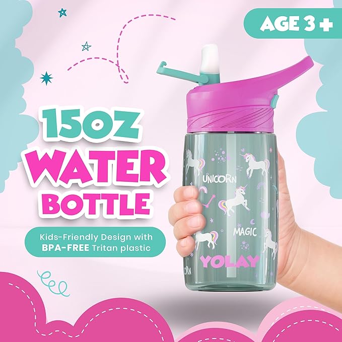 YOLAY 15oz Kids Water Bottle For School Boys and Girls, Durable Toddler Water Bottle with Straw Lid Leak-Proof, Spill Proof, Easy Clean and Dishwasher Safe with Re-Usable and BPA Free - Unicorn