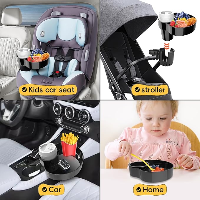 Kids Car Seat Tray, Travel Tray with Cup Holder for Toddler, Baby Car Seat Food Snack Organizer for Road Trip, Stroller snack tray travel must haves (Black 2 Packs)