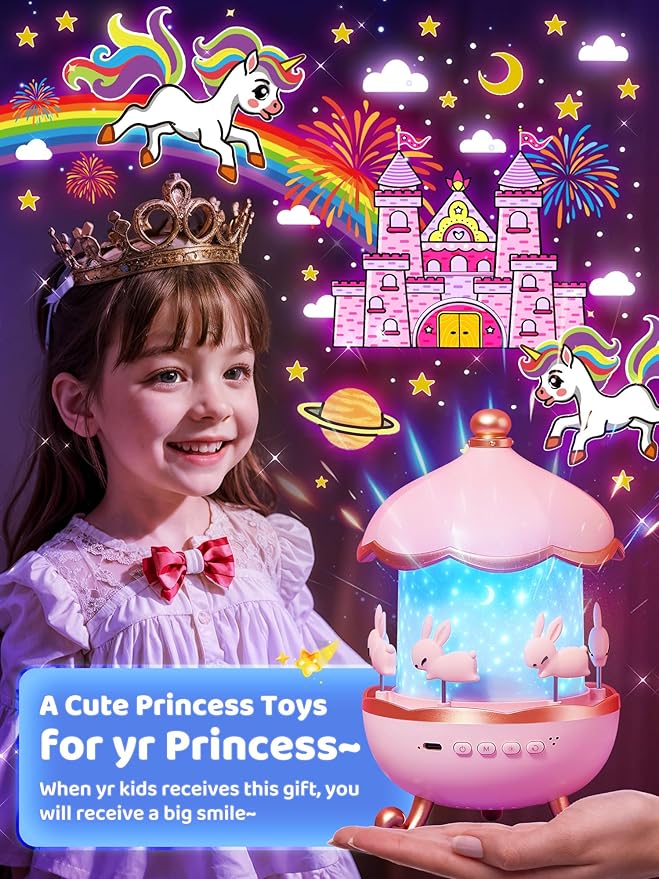 Carousel Night Light for Kids,15 Music+15 Films+315 Colors Star Projector for Kids Night Light Projector,360°+Remote+1200mah Unicorn Toys for Girls Room Decor,Autism Toys,Toddler Gifts for Girls Baby