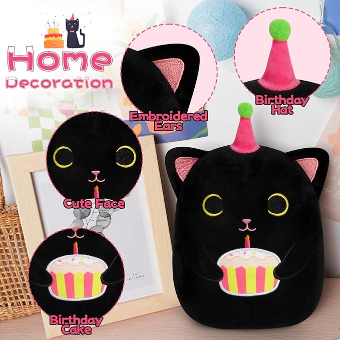 Black Cat Plush, 8 inch Happy Birthday Cat Stuffed Animal with Cake, Cute Plush Black Kitten Birthday Gift for Girls, Boys and Cats, Home Room Decoration