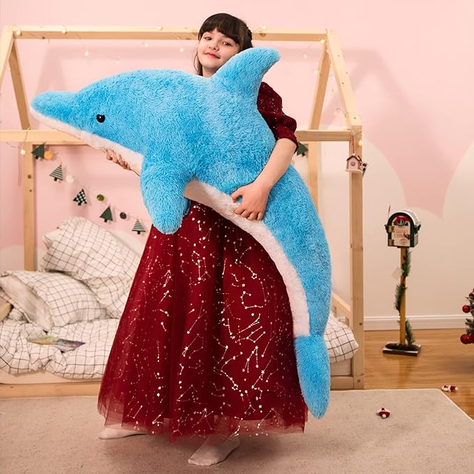 MorisMos 55 Inch Giant Dolphin Stuffed Animals, Large Stuffed Dolphin Plush Toy Soft Marine Ocean Plush Gifts for Kids, Blue