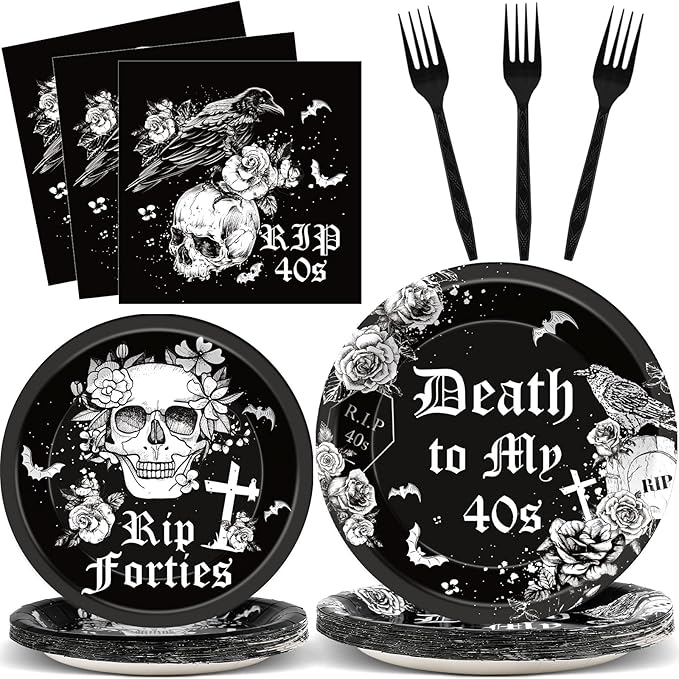 Qyeahkj 100 Pcs 50th Birthday Plates and Napkins Party Supplies Death To My forties Decorations Rip To My 40s Paper Tableware Set for Men Women 50th Birthday Funeral for My Party Favor Serve 25