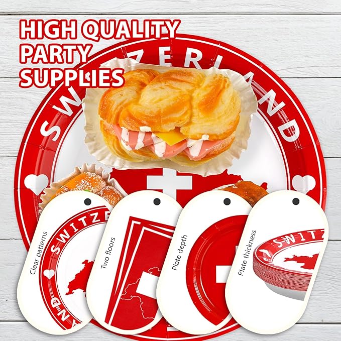 Grencian 96Pcs Switzerland Party Supplies Swiss Flag Plates and Napkins Disposable Switzerland Paper Plates Swiss National Day Decorations Tableware Kit for Travel, Cultural or Themed Events
