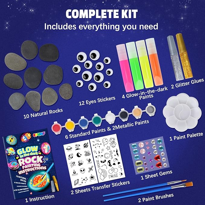 EPUMP Rock Painting Kit for Kids – Glow-in-The-Dark Arts and Crafts Set for Boys & Girls Ages 6-12 – DIY Creative Painting Toys, Fun Art Supplies for Kids Activities & Birthday Gifts