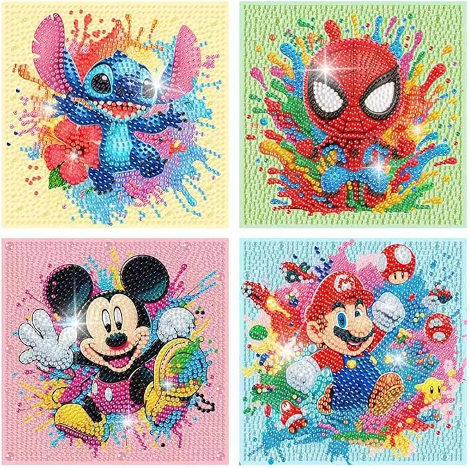 Fuinkqe 4 PCS Diamond Art Kits for Kids, Cartoon Diamond Art for Kids Ages 4-8-12, Diamond Art Painting Mosaic Kits for Gift Home Wall Decor (6x6 inch)