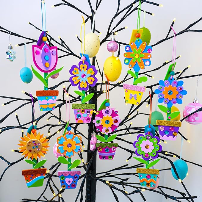 Winlyn 24 Sets Potted Flower Craft Kits DIY Potted Flower Ornaments Decorations Tulip Sunflower Foam Stickers Arts and Crafts for Kids Classroom Activities Birthday Spring Summer Camping Party Favors