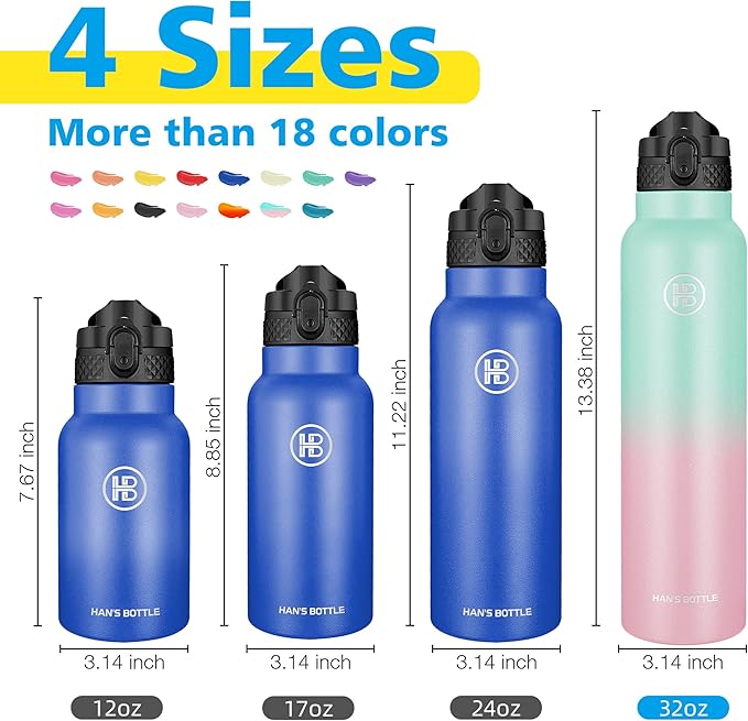 Han's Bottle Sports Water Bottle - 32 Oz, Straw Lid, Leak Proof, Vacuum Insulated Stainless Steel, Double Walled, Thermo Mug,Bubble Gum