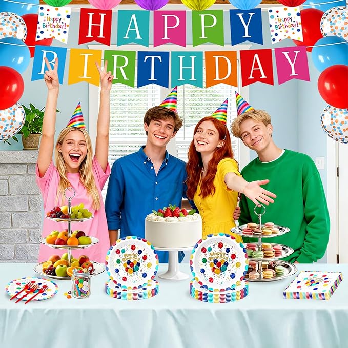 Birthday Party Supplies for 24 Guests – 96-Piece Disposable Party Tableware Set with Plates, Birthday Plates and Napkins, Forks, Colorful Balloons Party Supplies, Heavy Duty for Kids & Adults