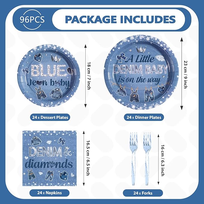 96Pcs Blue Jean Baby Shower Decorations Denim and Diamonds Birthday Plates and Napkins Tableware Sets A Little Denim Baby is on the Way Decorations for Kids Boys Blue Jeans Birthday Supplies Serves 24