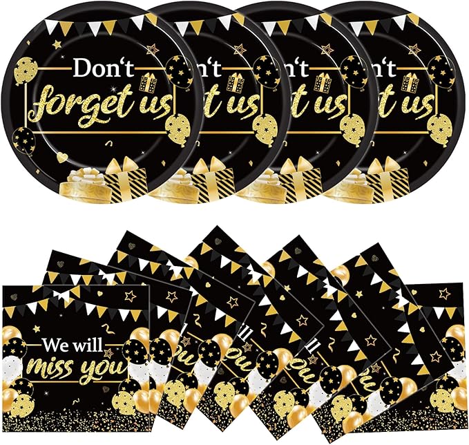 48Pcs We Will Miss You Paper Plates and Napkins Farewell Party Decorations Goodbye Party Supplies Black and Gold Going Away Disposable Tableware Set for Leaving Retirement Graduation Serve 24