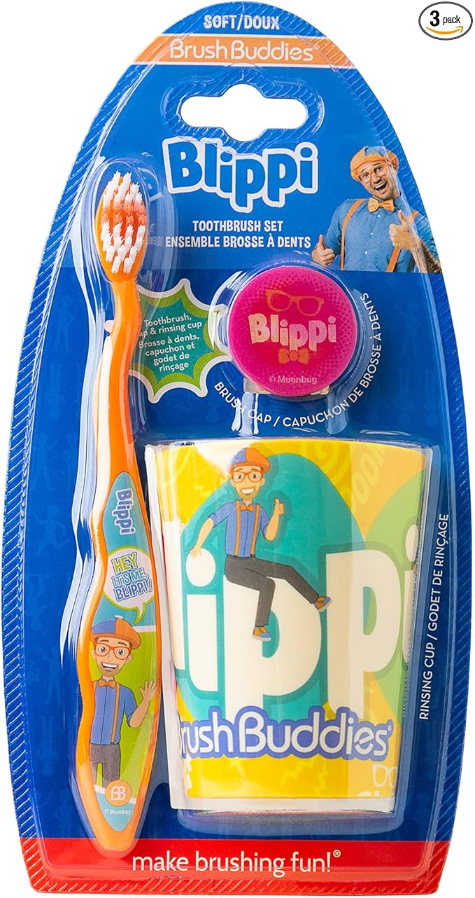 Brush Buddies Blippi Kids Toothbrushes Kit Manual Toothbrushes for Kids Toddlers 2+ Years Travel Toothbrush Kit with Cover Cup 3PC Soft Bristles Rounded Head Easy Grip Anti Slip Handle Oral Care Set