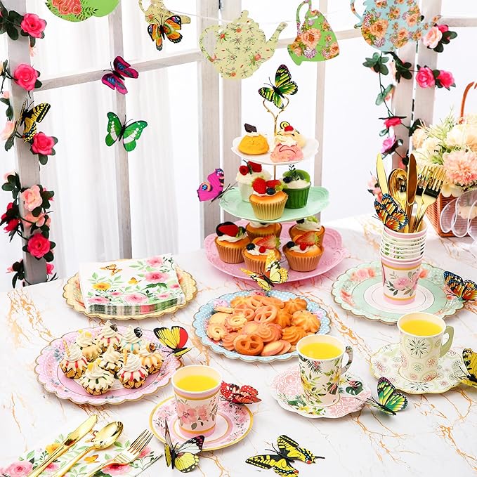 121 Pcs Floral Tea Party Dinnerware Set Include 9 oz Paper Cups and Saucers, Napkins, 3 Tier Cake Stand, Serving Platter, Butterfly Decorations, Flower Banner Tableware for Birthday Wedding