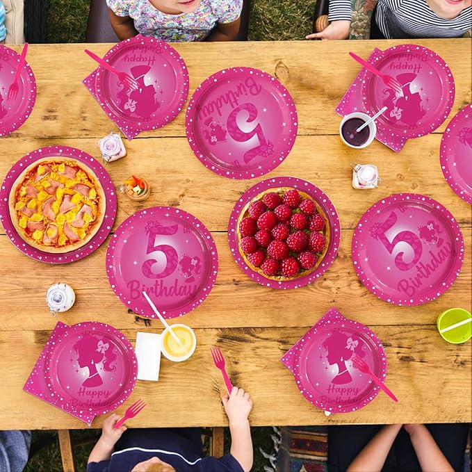 96Pcs Pink 5th Birthday Party Decorations 5 Years Old Hot Pink Plates and Napkins Princess Doll Girl Tableware Sets for Kids Girls Baby Shower Happy 5th Birthday Party Supplies Serves 24