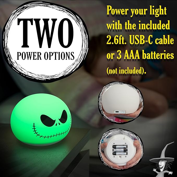 Disney Jack Skellington Squishy Light - Color-Changing Night Light for Kids & Adults, USB/Battery Operated Dimmable Lamp, Halloween & Christmas, Perfect for Bedroom, Playroom, Living Room (82503)