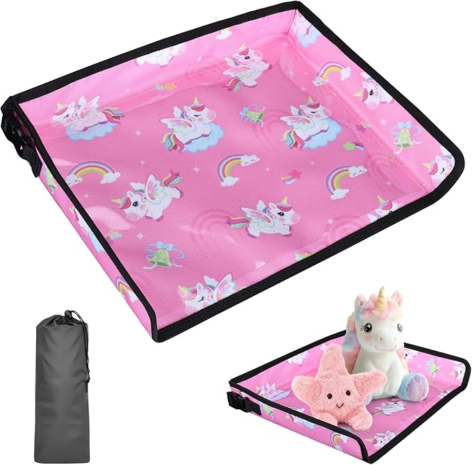 Airplane Kids Travel Tray for Toddler Car Seat - Toddler Tray for Plane or Train - Travel Essential Must-Haves and Flying Supplies - Pink Unicorn