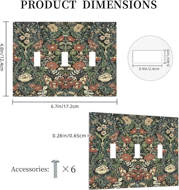 Decorative Switch Plates Vintage Dark Floral William Morris Green Flower 3 Gang Wall Plate Triple Toggle Light Switch Cover Faceplate Electrical Wall Panels for living Room Home Decor