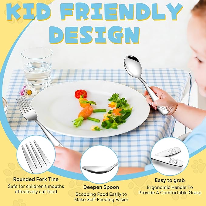 LIANYU Kids Silverware Set, 14 Pieces Stainless Steel Toddler Utensil Set with Small 7 Forks and 7 Spoons, Children Safe Flatware Cutlery for Self-Feeding, Food Grade & Cute Pattern, Dishwasher Safe