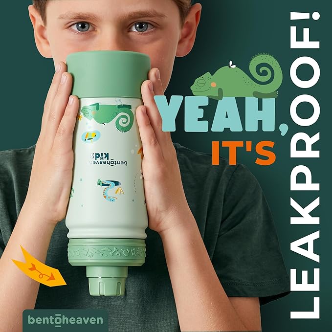 Bentoheaven Kids Water Bottle Stainless Steel for Boys & Girls, 2 Lids (Chug & Straw), Handle & Silicone Boot, Reusable Metal Leak-proof Insulated Tumbler, School & Sports 17oz (Green)