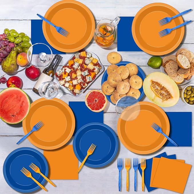 96Pcs Orange and Blue Paper Plates and Napkins Blue and Orange Party Paper Plates Tableware Decoration Dragon Ball Z Party Tableware Set for Boys Girl Kids Baby Shower Birthday Parties Supplies