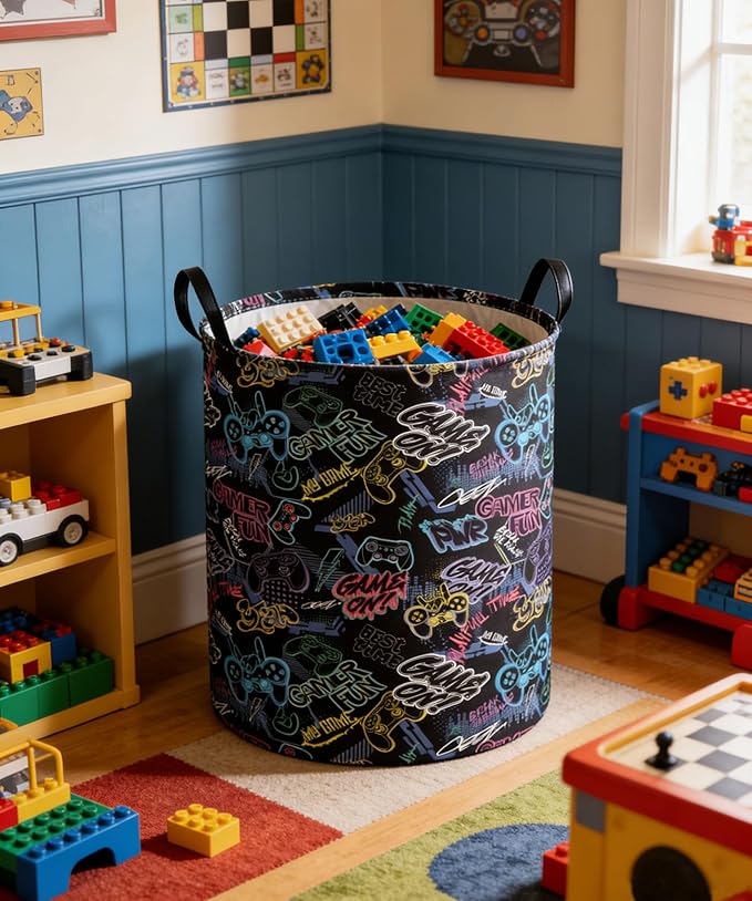 Kids Laundry Basket Boys Laundry Hamper Kids Collapsible Canvas Waterproof Storage Bin for Boys Baby Nursery Hamper Gift Baskets for Bedroom(Cool games)