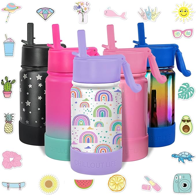 CHILLOUT LIFE 12 oz Kids Insulated Water Bottle for School with Straw Lid Leakproof and Cute Waterproof Stickers, Personalized Stainless Steel Thermos Flask Metal Water Bottle for Girls & Boys