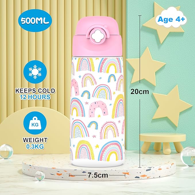 Girls Insulated Water Bottle with Covered Pop-Up Straw,16 oz Kids Cups with Stainless Steel Leak Proof for School（Rainbow-Pink）