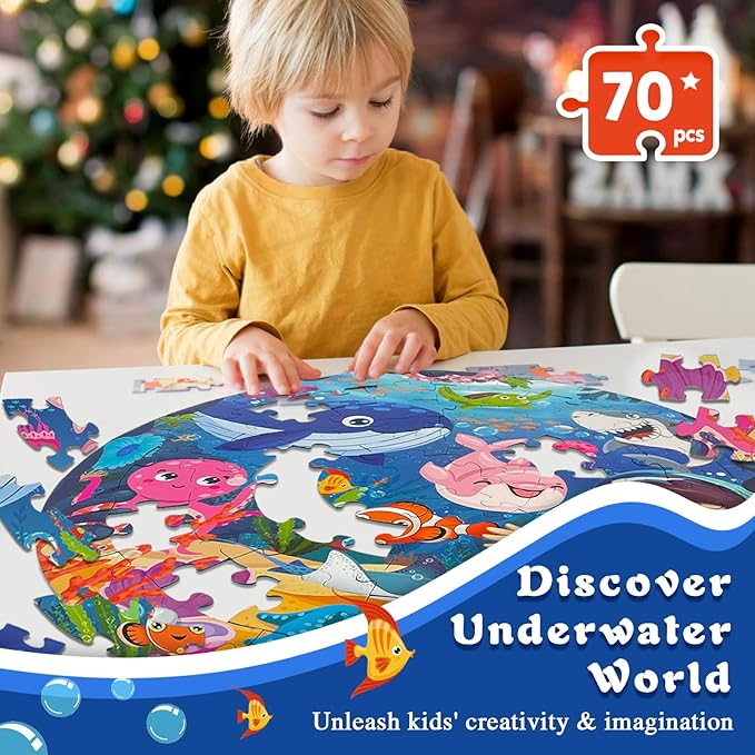 TALGIC Puzzles for Kids Ages 4-6, Large 70 Piece Round Ocean Floor Puzzles, Kids Puzzles 4-6 with Colorful Underwater World, Educational Learning Toys for 3, 4, 5, 6, 7, 8
