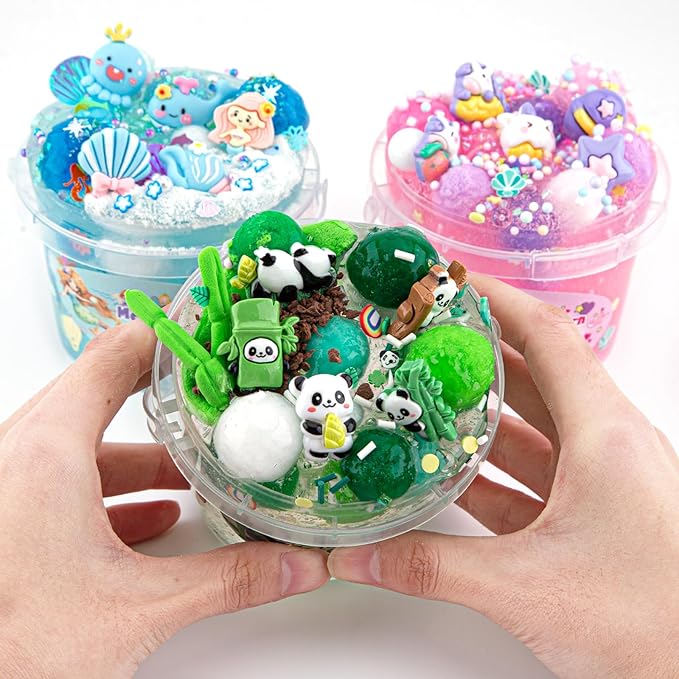 10 FL OZ Panda Clear Slime Bucket, Big Slime Kit with Clay, Slimes Party Favors for Kids, Glimmer Crunchy Slimes Includes 9 Packs of Add-ins, Sensory Experience DIY Toys for Girls and Boys Ages 8-12