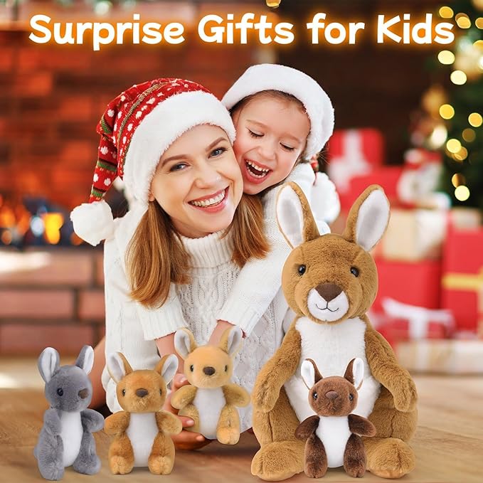 5 in 1 Kangaroo Stuffed Animal with Babies, 16'' Mommy Stuffed Kangaroo Plush Toy with 4 Baby Joey Plush and Pouch, Plush Kangaroos Set for Kids Boys Girls Birthday Christmas Plush Gifts Party Favors