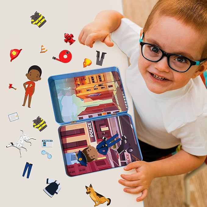 Hapinest Magnetic Heroes Pretend and Play Travel Playset Toy for Boys Ages 4 Years and Up, Fireman, Policeman, Knight, Astronaut