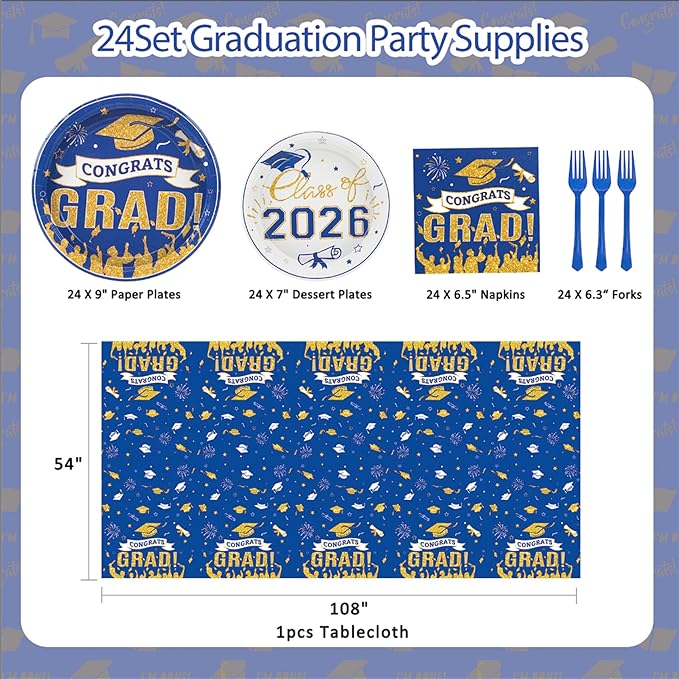 Graduation Plates and Napkins 2026,97Pcs Blue Disposable Grad Plates Class of 2026 Dessert Plates Napkins,Tablecloth,Forks,Graduation Decorations for Congrats Grad Party,Serve 24