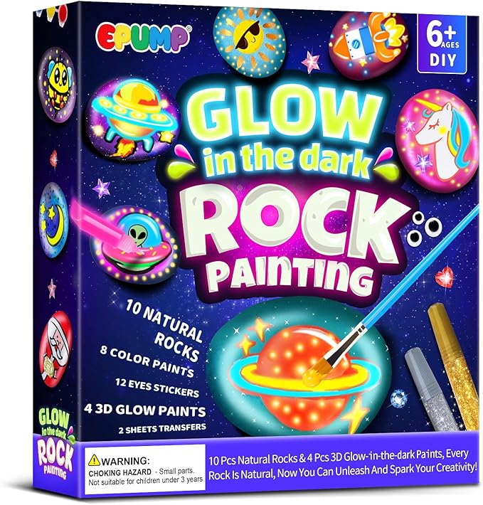 EPUMP Rock Painting Kit for Kids – Glow-in-The-Dark Arts and Crafts Set for Boys & Girls Ages 6-12 – DIY Creative Painting Toys, Fun Art Supplies for Kids Activities & Birthday Gifts