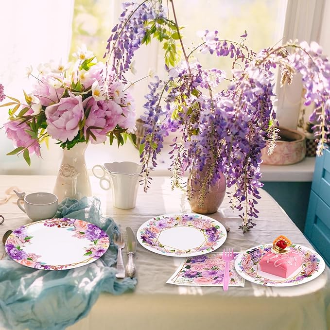 Grencian 96Pcs Spring Floral Party Supplies Pink Purple Flowers Paper Plates and Napkins Disposable Spring Floral Tableware Set for Mother’s Day Tea Party Wedding Bridal Shower Baby Shower, Serves 24
