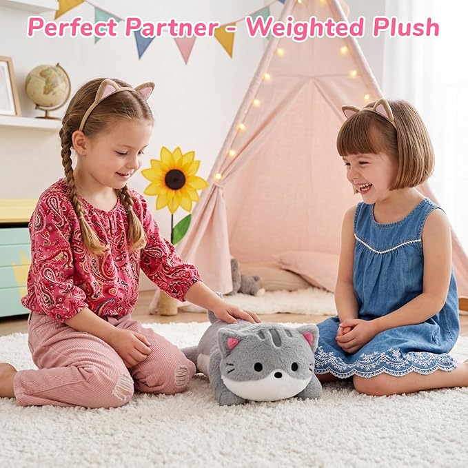 Weighted Cat Stuffed Animals for Kids,18 Inch 2 lbs Weighted Cat Plush Pillow,Soft Kawaii Large Grey Kitten Stuffed Animal Cuddle Plush Toy for Gifts Birthday Christmas