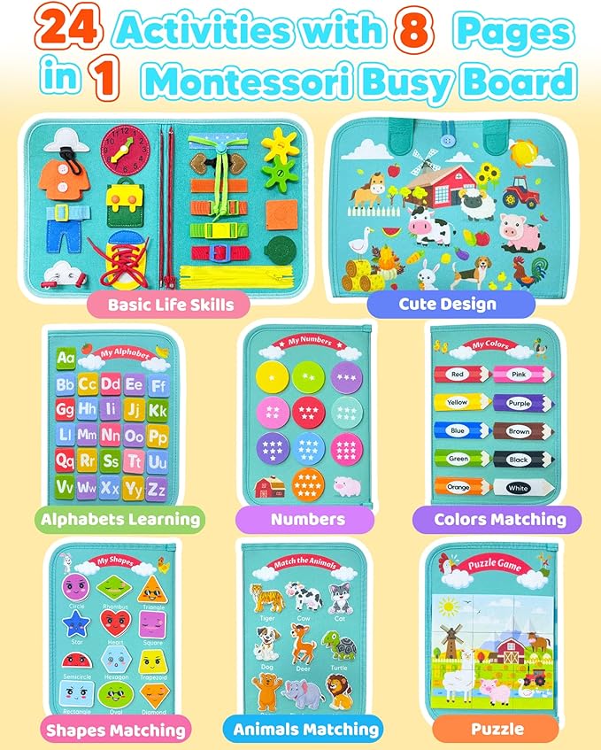 Walenty Busy Board Montessori Toys for Toddler Boy Girl Birthday Gifts, Busy Book Sensory Learning Toys for Toddlers, Educational Activities Airplane Car Travel Toy for Toddlers