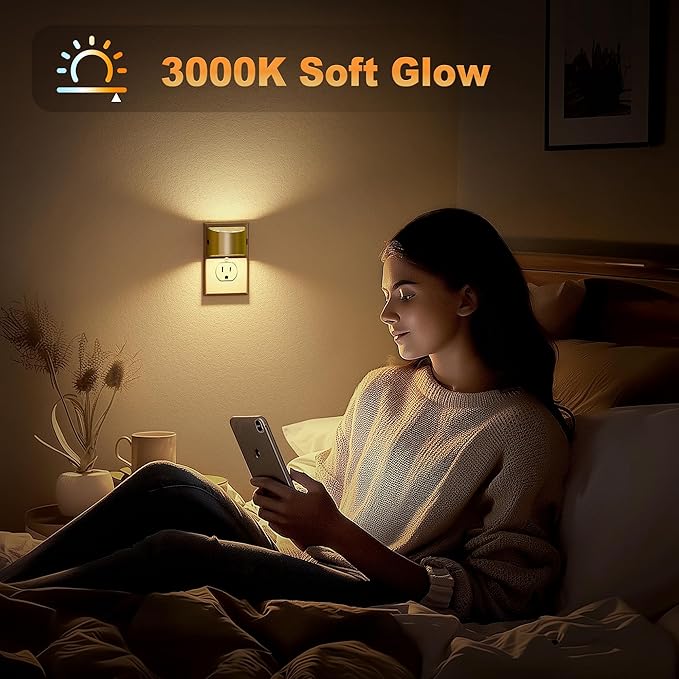 JandCase LED Night Lights Plug into Wall, 2 Pack Gold Modern Night Lights, Dusk to Dawn Sensor Nightlight,0-100LM Brightness Adjustable, 3000K Soft White