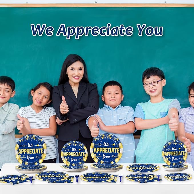 96Pcs We Appreciate You Party Plates and Napkins for Employee Staff Appreciation Blue Gold Supplies Work Anniversary Themed Plate Thank You Tableware Set for Teacher 24 Guests Party Decorations