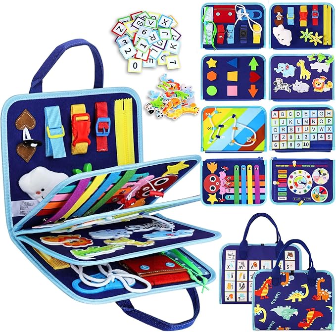 Esjay Toddler Busy Board Montessori Toys for Boys, Sensory Book Educational Activities for Learning Fine Motor Skills, Birthday Gifts for Boys Toddlers, Travel Toys for Airplane Car, Blue Dinosaur