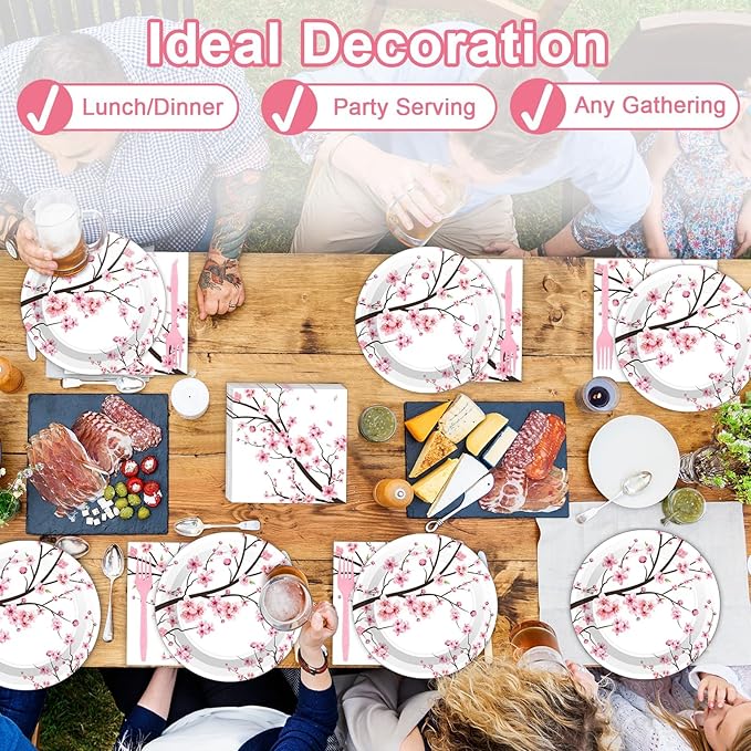 Qyeahkj 100 PCS Cherry Blossom Party Supplies Set Cherry Blossom Plates and Napkins Japanese Disposable Paper Party Tableware Forks Packs Decorations for Hibachi Spring Birthday Decoration Serve 25