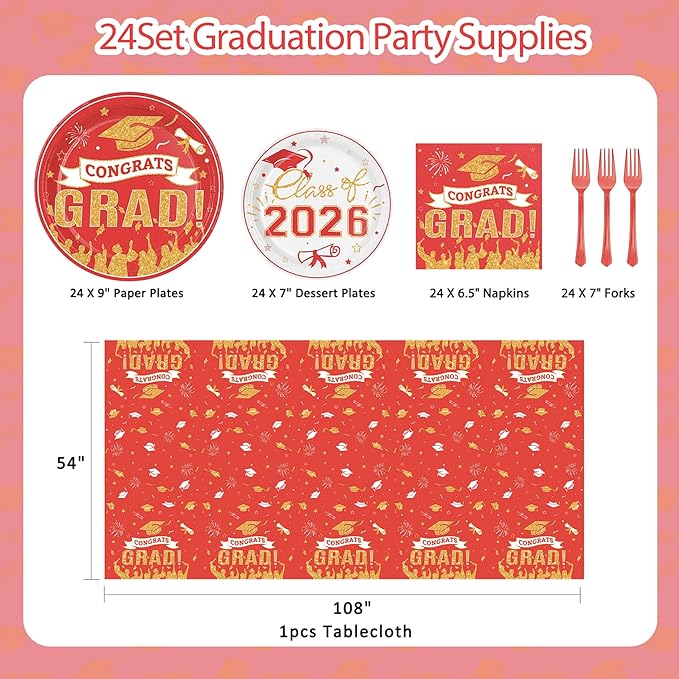 Graduation Plates and Napkins Party Supplies 2026 Graduation Decorations for 24,Red Disposable Grad Plates Class of 2026 Dessert Plates Napkins,Tablecloth,Forks,for Congrats Grad Party Decorations