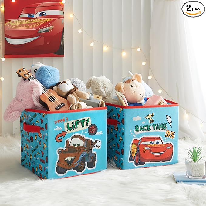 Disney Cars Storage Cubes, Set of 2 Durable 10"x10"x10" Fabric Bins with Handles, Lightning McQueen Organizer Boxes for Kids' Toys, Clothes & Room Décor
