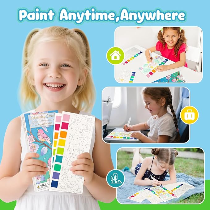 JCREN Watercolor Painting Books, Pocket Watercolor Painting Coloring Kit, Paint with Water Bookmarks Travel Activity Party Favors for Kids Toddlers Gifts for Boys and Girls