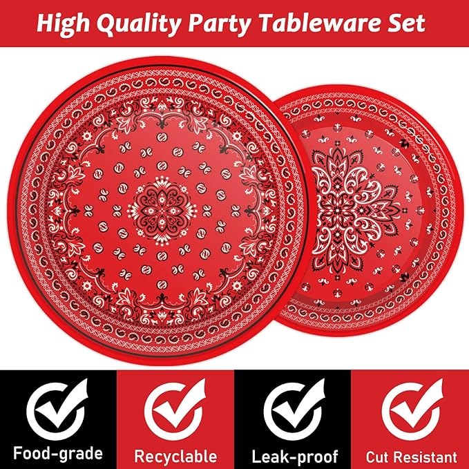 96 Pcs Red Bandana Western Party Plates Napkins Tableware Set Paisley Cowboy Cowgirl Farm Themed Supplies Disposable Dinnerware Western Decoration Favors for Kids Baby Shower Birthday, 24 Guests