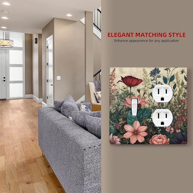 Decorative Outlet Covers Rustic Wildflower Red Floral Green Plant 2 Gang Wall Plate Cover Single Toggle Duplex Combo Two Switch Light Switch Cover Plate Jumbo Dual Face Plate