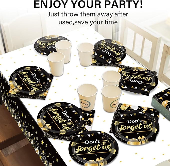 We Will Miss You Party Decorations Serve 24 Guests Going Away Party Disposable Plates Napkins Tablecloth Farewell Dinner Tableware Black and Gold Goodbye Party Supplies for Leaving Retirement Party
