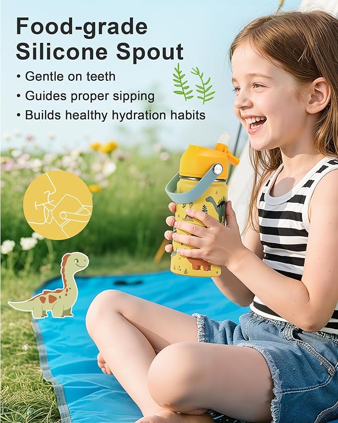 Kids Water Bottle 14oz with Silicone Straw Lid - Insulated Toddler Water Bottle Stainless Steel Keeps Cold 24H, Leak Proof & Dinosaur Prints Design | Custom Name Tag for School, Daycare, Travel
