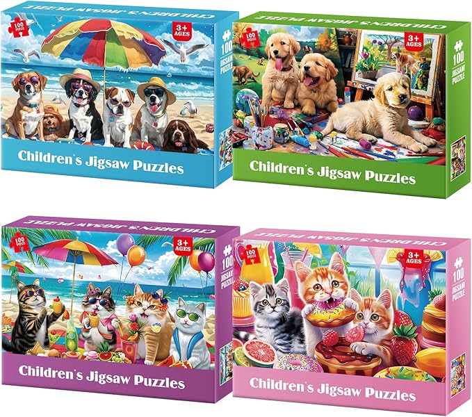 Jeacirio 4-Pack 100 Piece Puzzles for Kids Ages 4-6 - Cats & Dogs Puzzles for Kids Ages 6-8 Kid Puzzle Educational Search & Find Toy Preschool Large Piece Puzzle for Adults Seniors