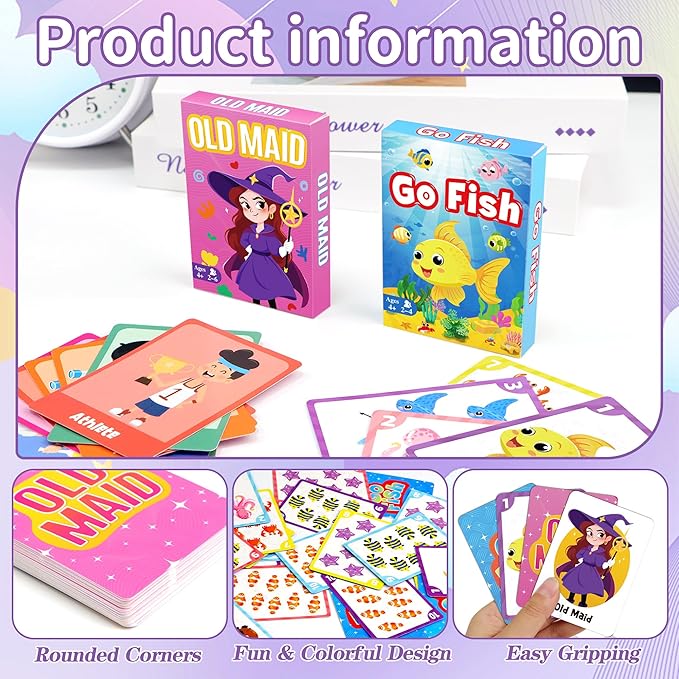 Kids Card Games, Go Fish Card Game, Old Maid Card Game, Card Games For Kids 4-8, Fun Educational Cards for Toddler 2-4 Years, Great for Family Table Travel Camping Party Classroom Games (12 Pack)