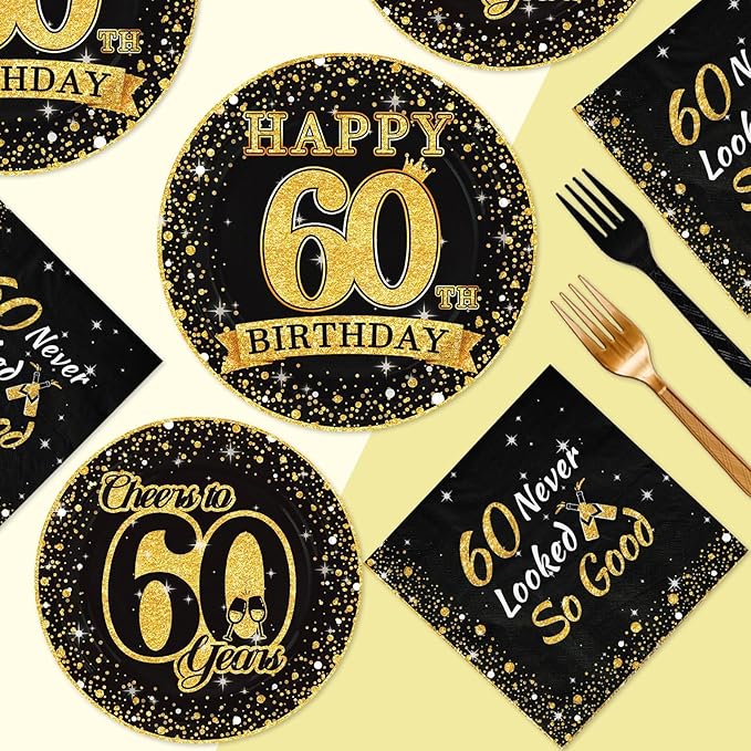 Grencian 96Pcs 60th Birthday Party Decorations Vintage 1966 Birthday Plates and Napkins Black and Gold Tabeware Sets Cheers to 60 Years Decorations for Mens Womens 60 Year Old Party Supplies Serves 24